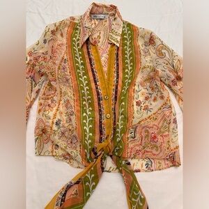 Zara Dreamy BoHo paisley Blouse with front tie, size small